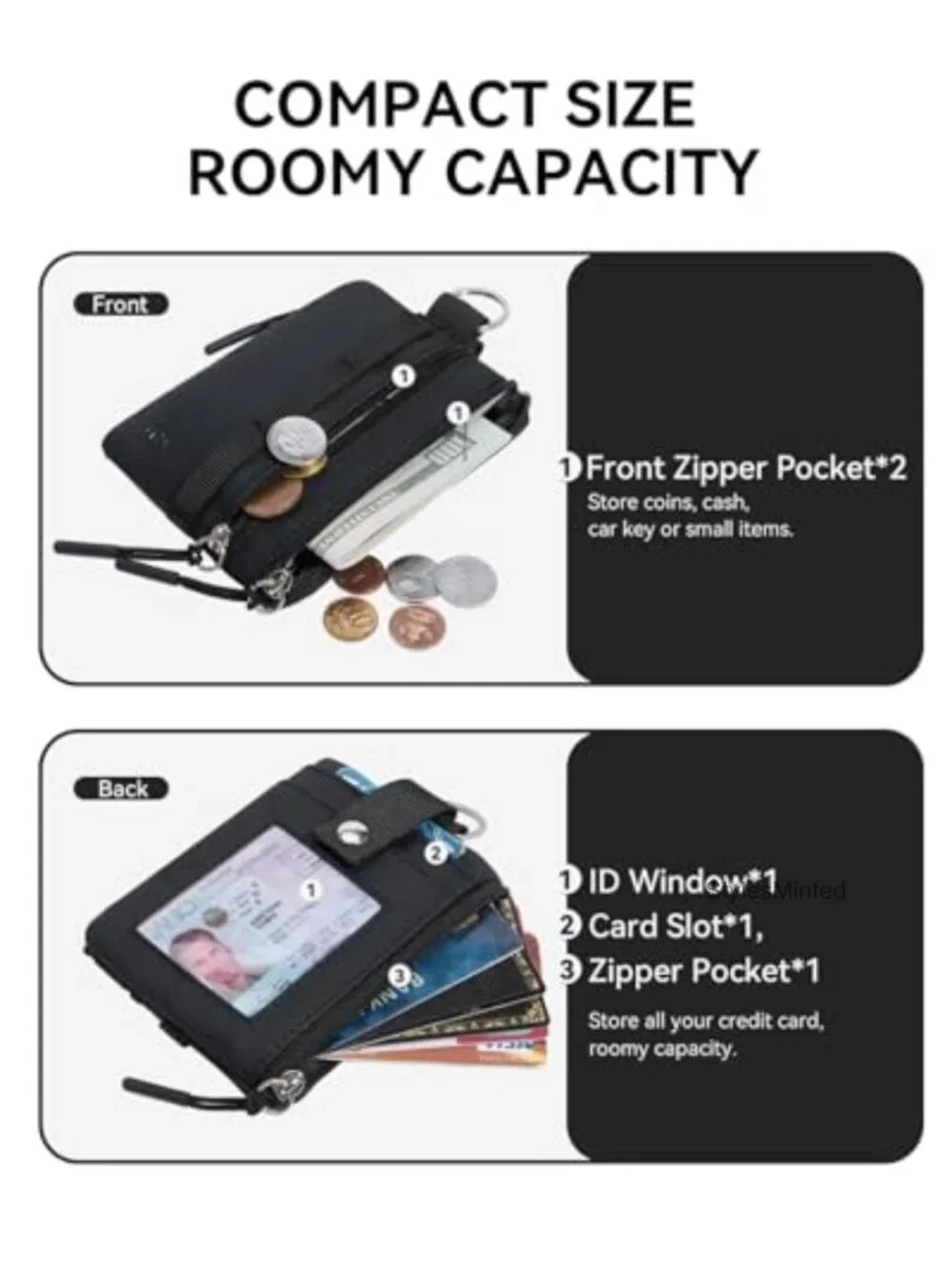 RFID Blocking Minimalist Zip ID Case Wallet with Lanyard Keychain Water